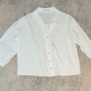 Zara White Striped Casual Button Down Shirt